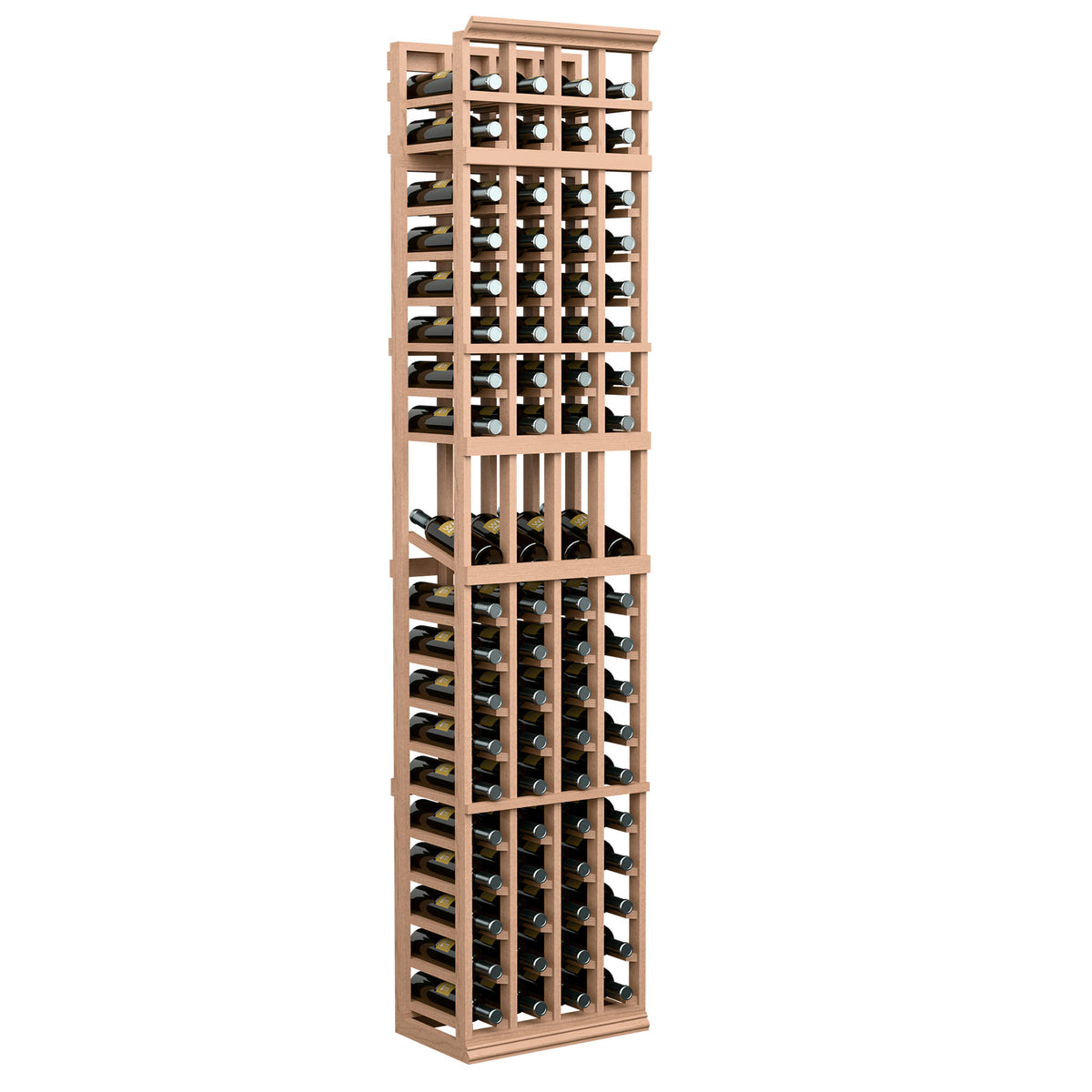 Four-column wine bottle display rack, light wood frame with front bottle openings