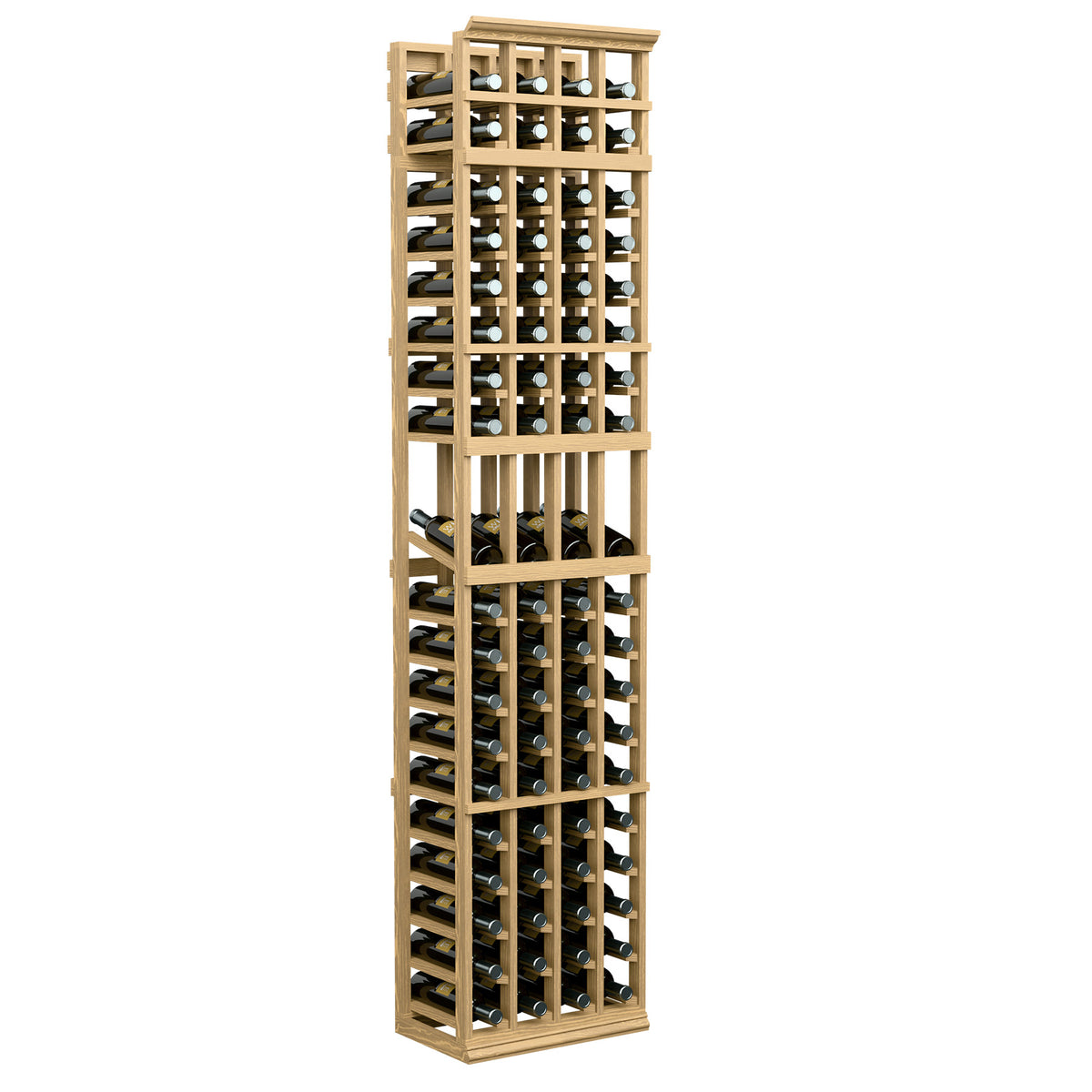 Four-column wine bottle display rack, pale light-wood frame with front bottle openings