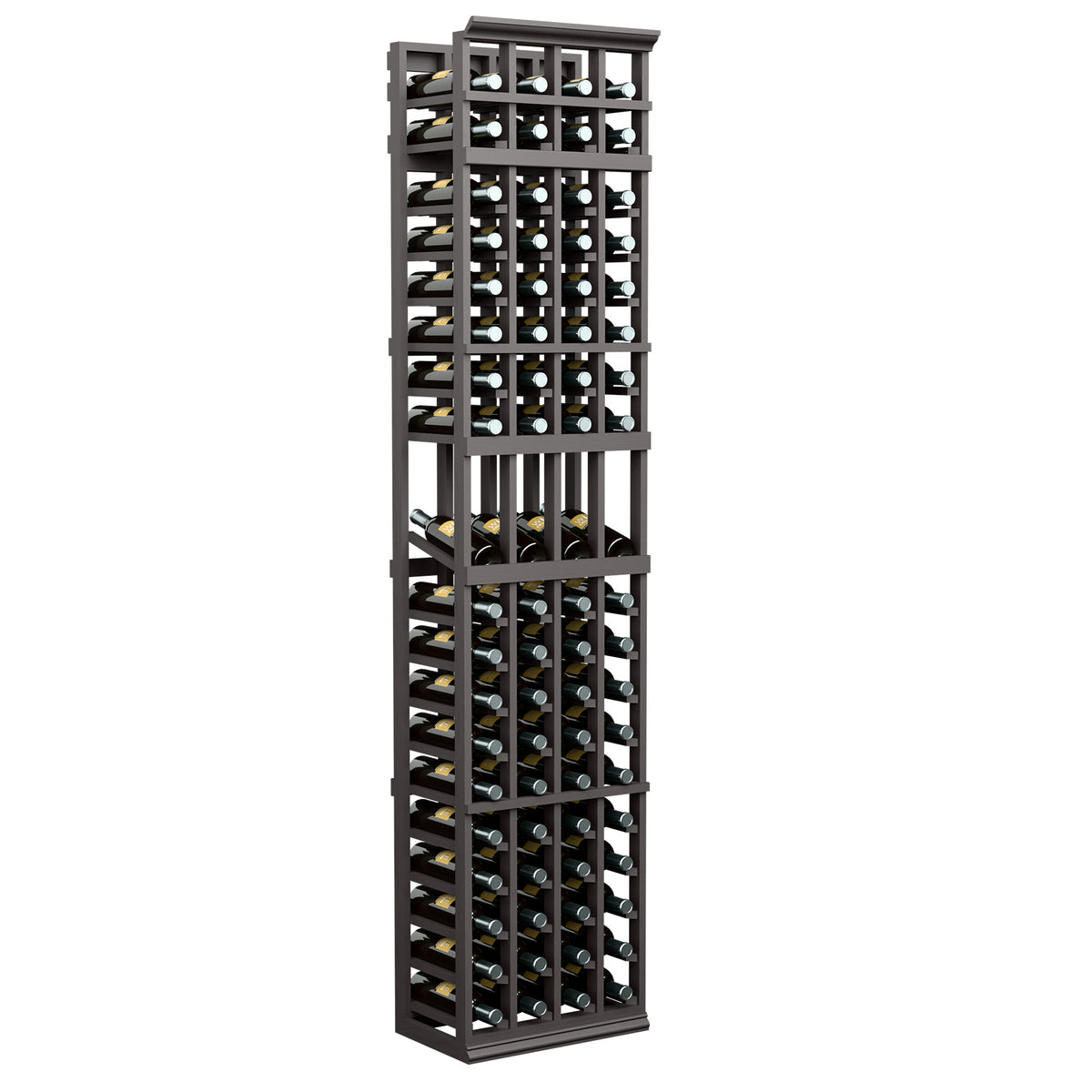 Four-column wine bottle display rack, dark wood frame with front wine bottle openings