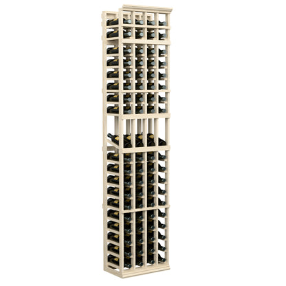 Tall 4-column wine rack with light wood frame and multiple bottle slots