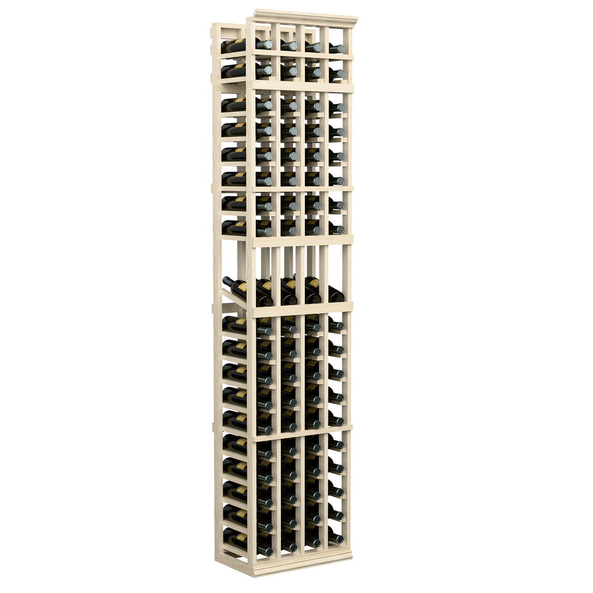 4-column wine display rack with light wood frame and black bottle neck rests