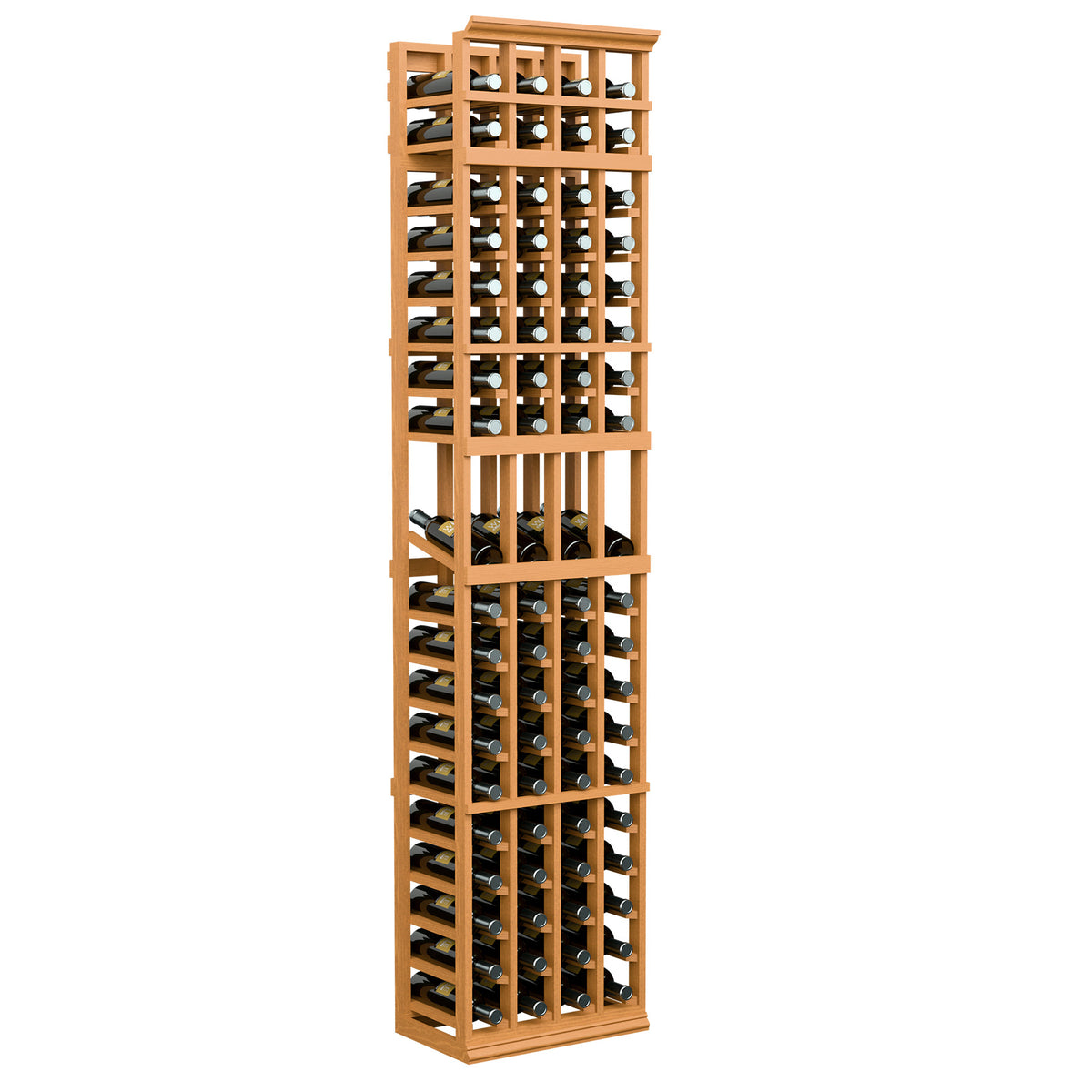 4-column wine display rack, light honey wood frame with bottle storage rows