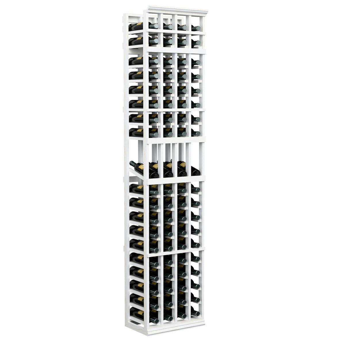 4-column wine display rack, white painted frame with bottle storage grid