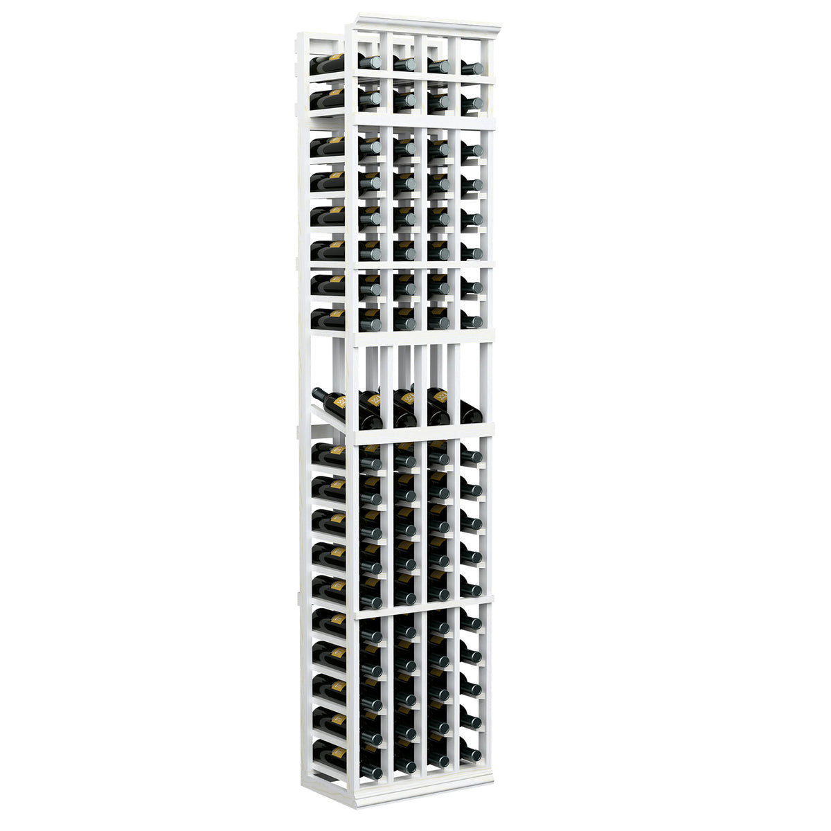 Tall 4-column wine rack, white frame with stacked bottle holder compartments