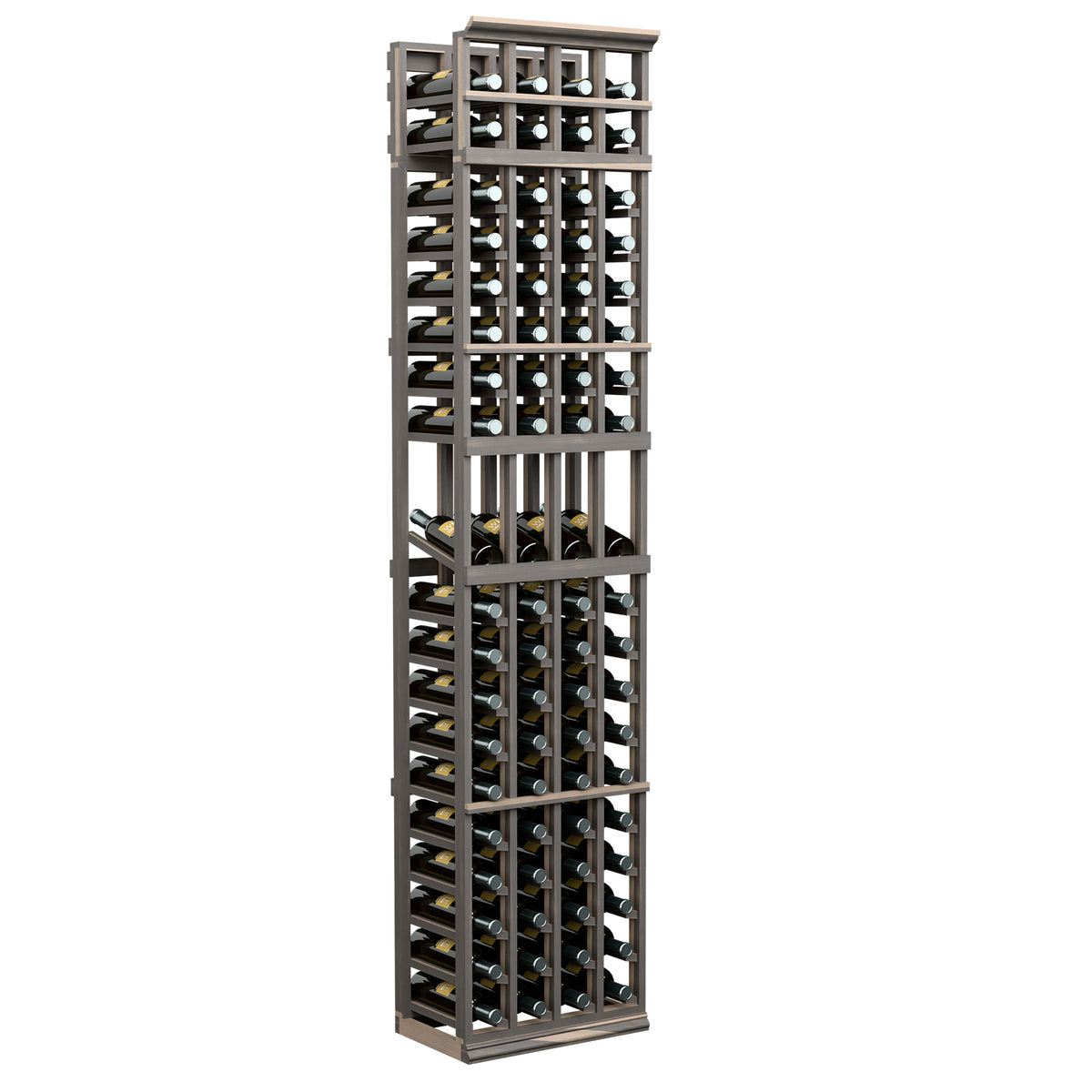 4-column wine bottle display rack, dark grey frame, open bottle slots on 4 levels