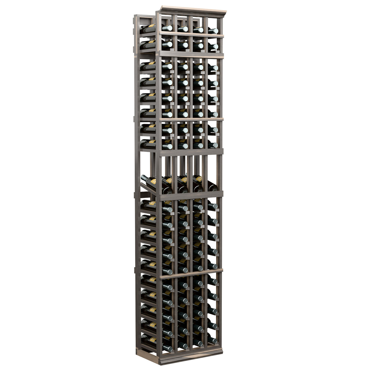 4-column wine bottle display rack, dark grey wood frame, front crossbar supports bottles