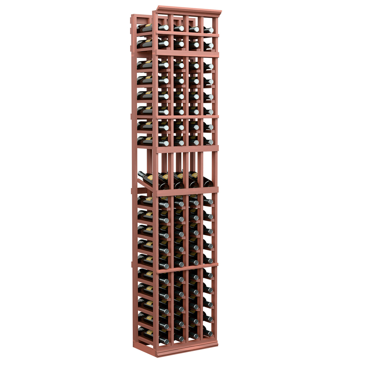 4-column wine bottle display rack, warm reddish wood frame, open bottle slots across front
