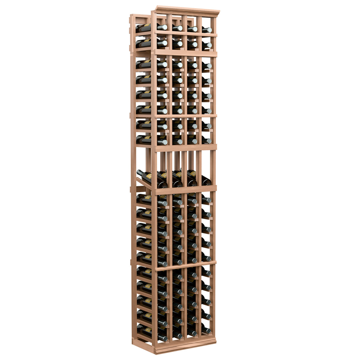 4-column wine bottle display rack, light tan frame, stacked bottle rows with square openings