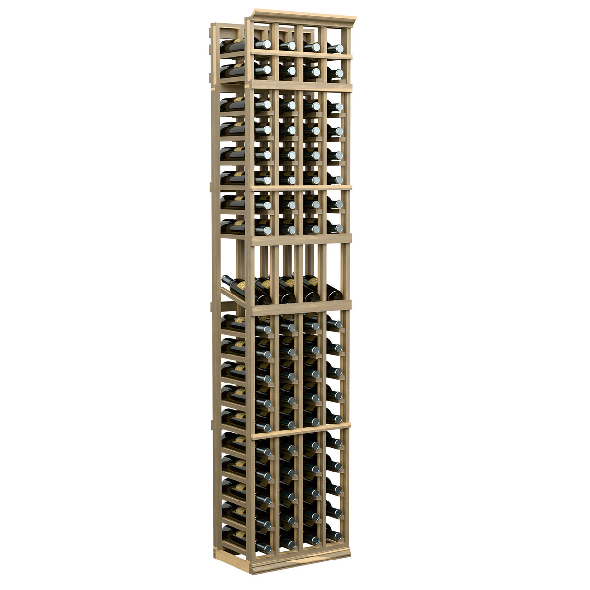 4-column wine bottle display rack, pale wood frame, open bottle slots with dark metal grid