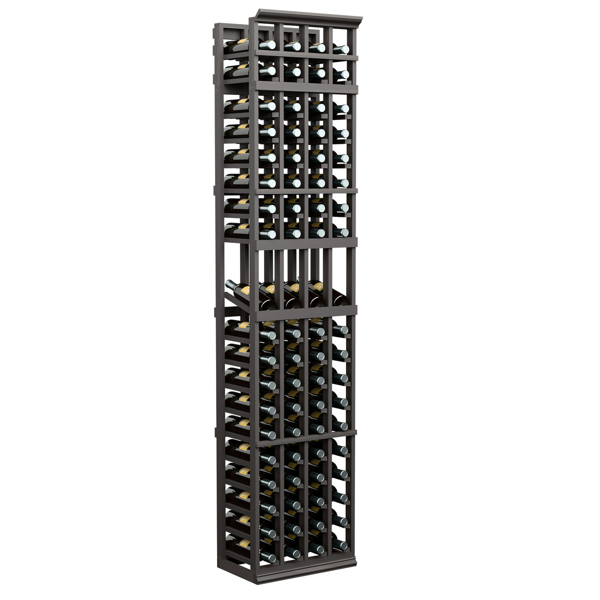 4-column wine bottle display rack, dark grey frame, rows of open slots for bottles