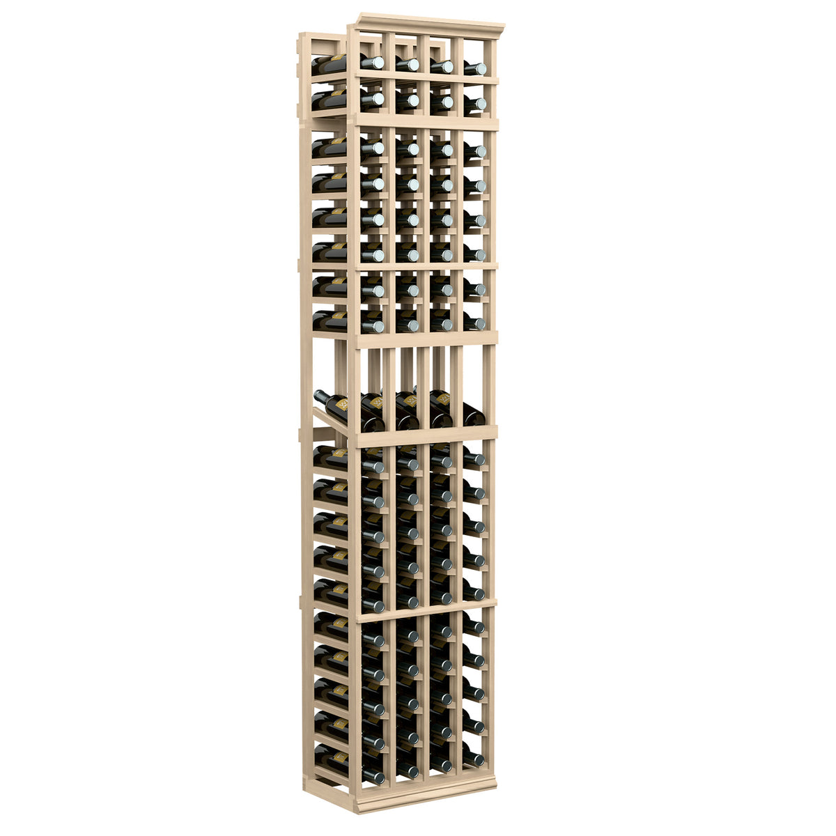 Natural wood wine bottle display rack, 4-column 7-ft with open grid shelves.