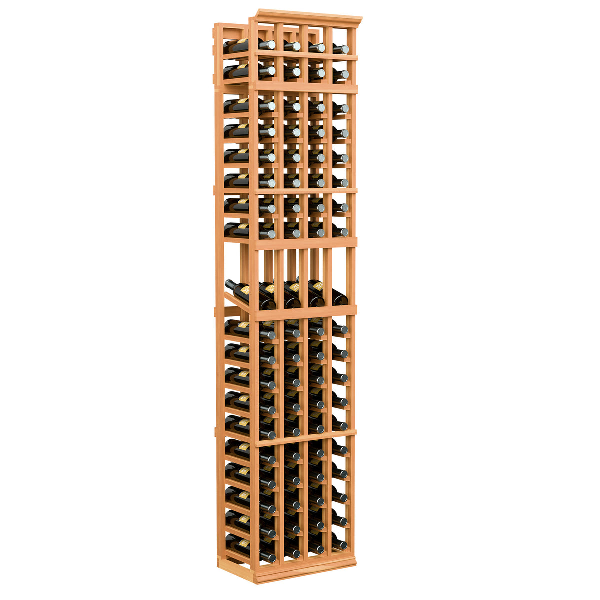 Red-toned wood wine bottle display rack, 4-column 7-ft with open grid shelves.