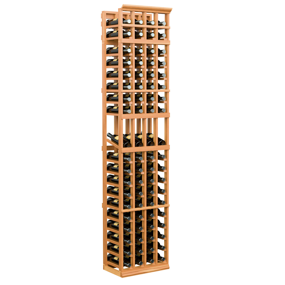 Warm wood wine bottle display rack, 4-column 7-ft with open grid shelves.
