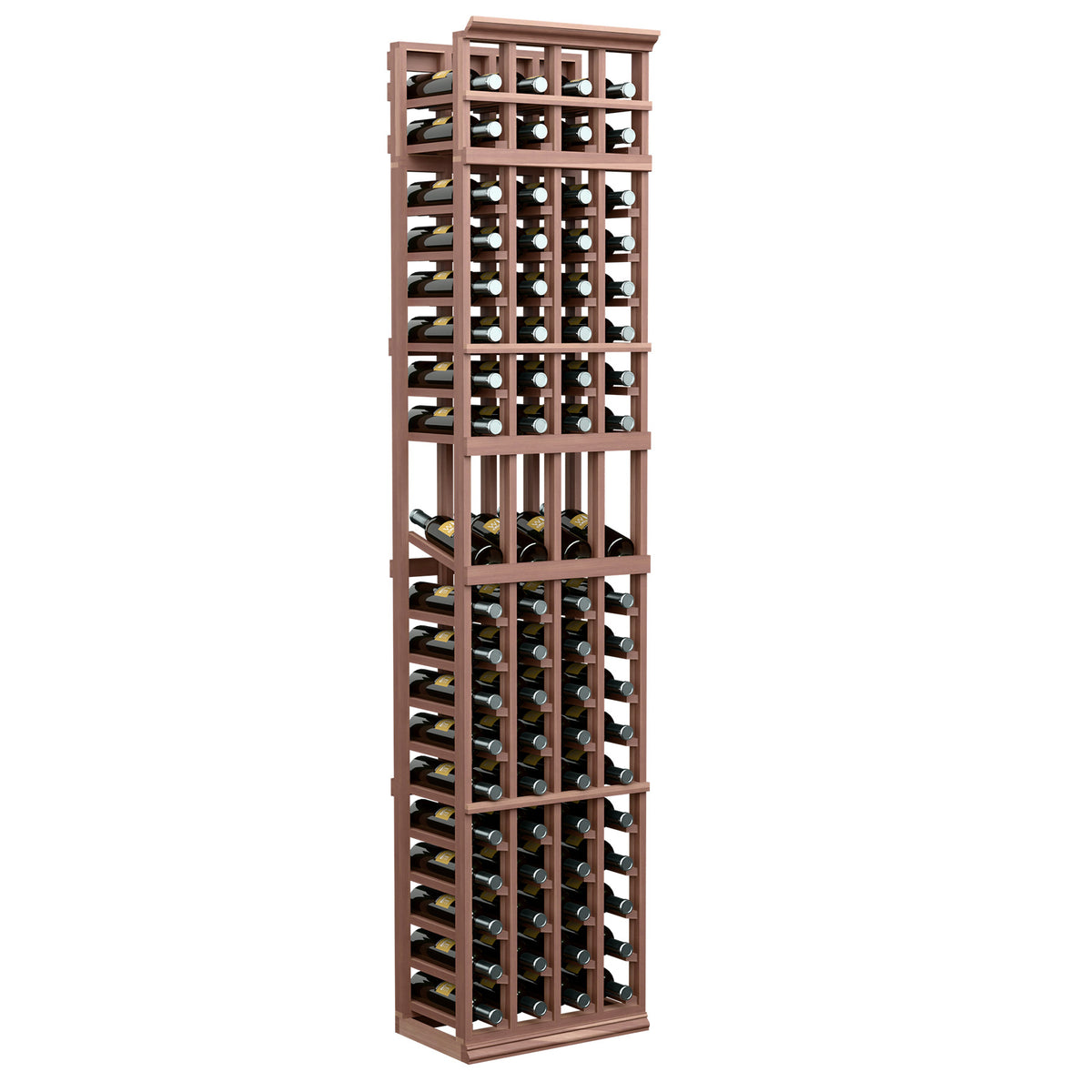 Dark brown wine bottle display rack, 4-column 7-ft with open grid shelves.