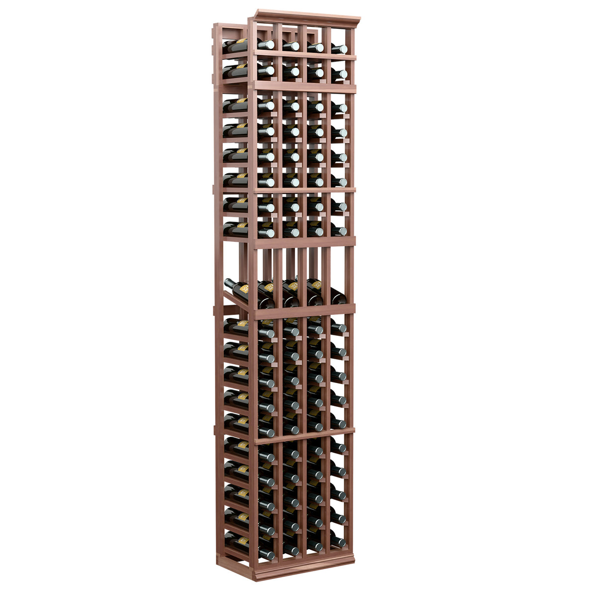 Medium dark wood wine bottle display rack, 4-column 7-ft with open grid shelves.