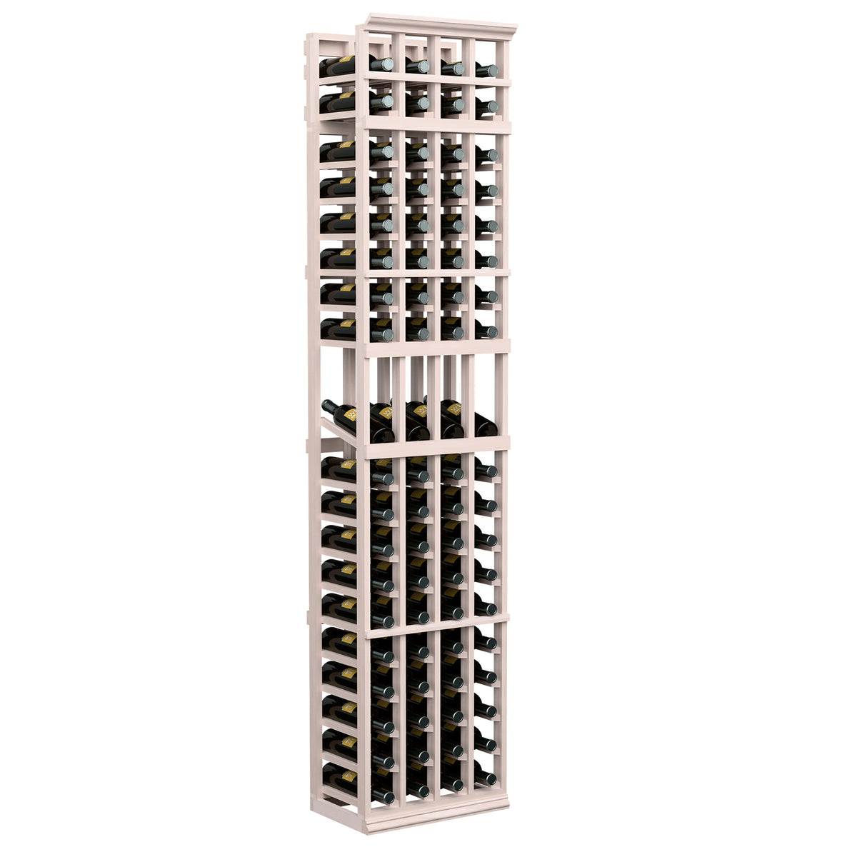 Gray-toned wood wine bottle display rack, 4-column 7-ft with open grid shelves.