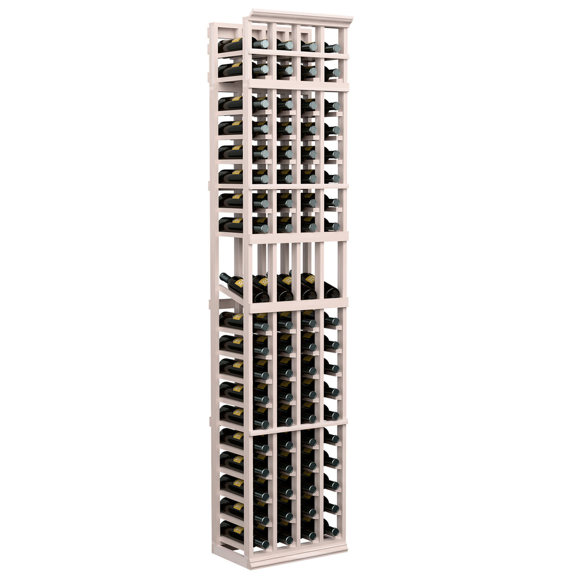 Gray wood wine bottle display rack, 4-column 7-ft with open grid shelves.