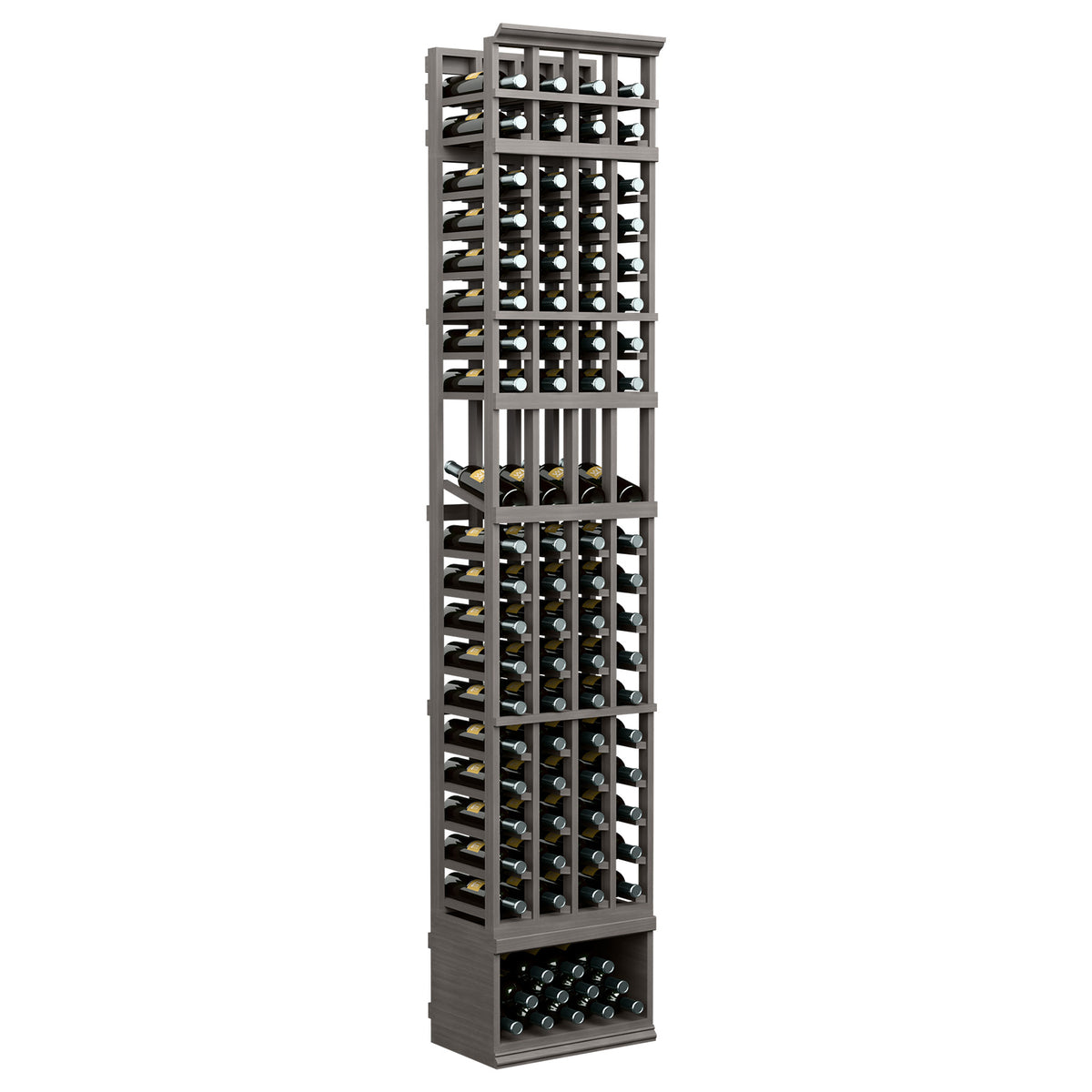 4-column wine bottle display rack with dark stained wood grid shelves