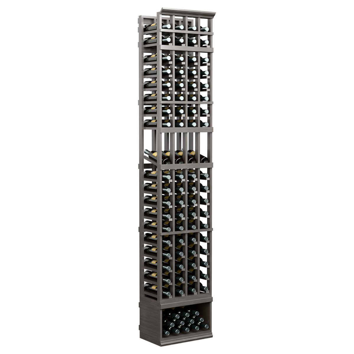4-column wine bottle display rack with dark stained wood shelves and bottle slots