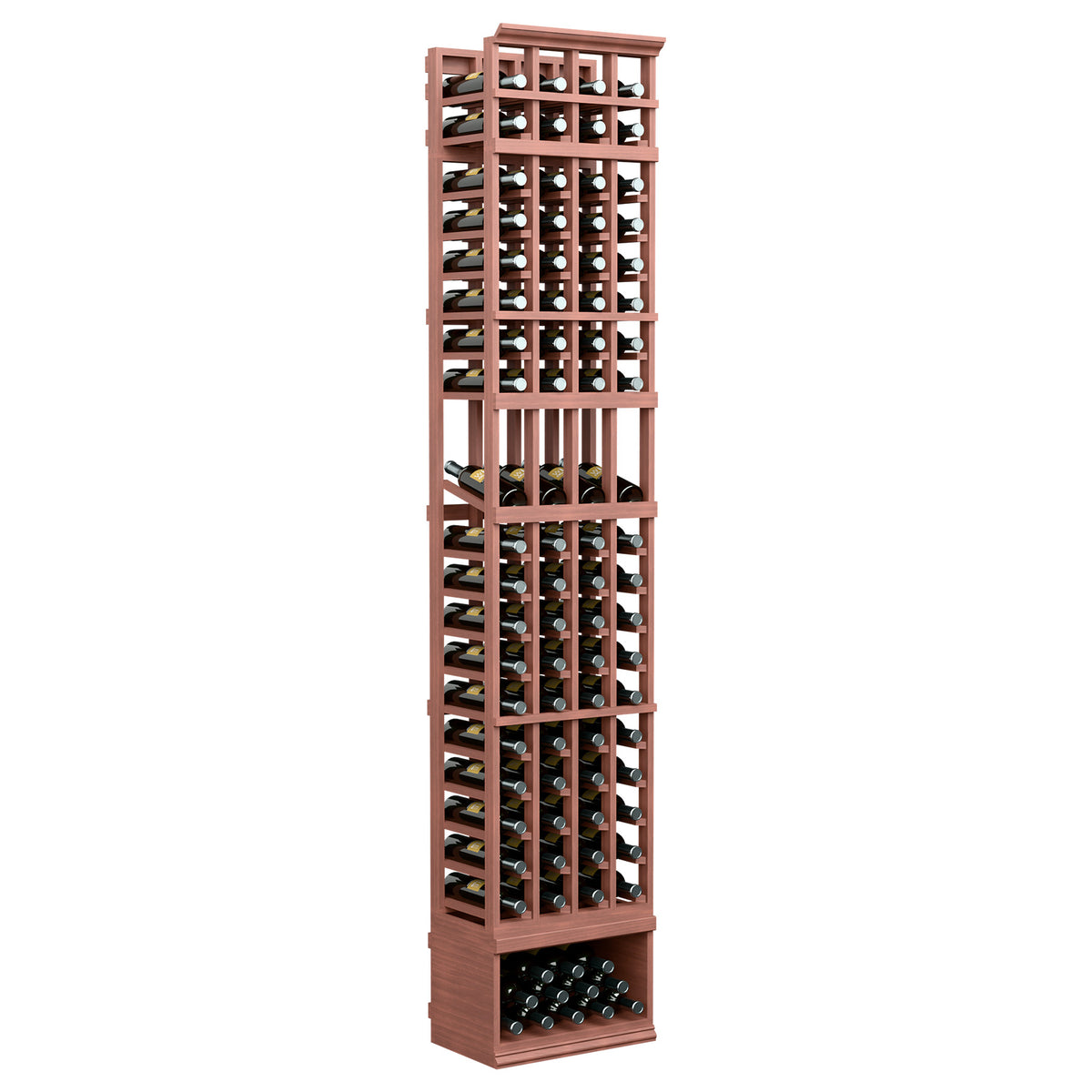4-column wine bottle display rack with warm reddish-brown wood grid shelves