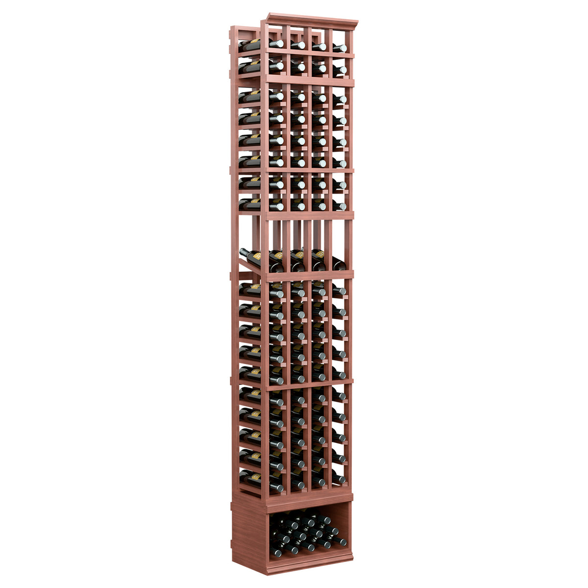 4-column wine bottle display rack with dark reddish-brown wood and bottle openings