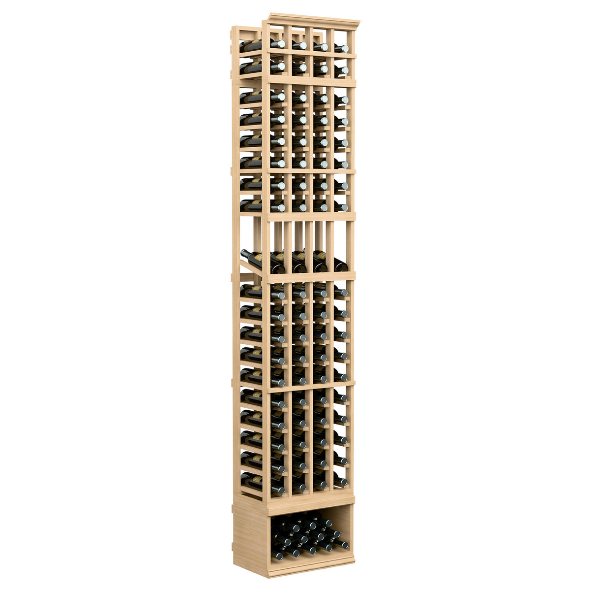 4-column wine bottle display rack with light natural wood grid shelves