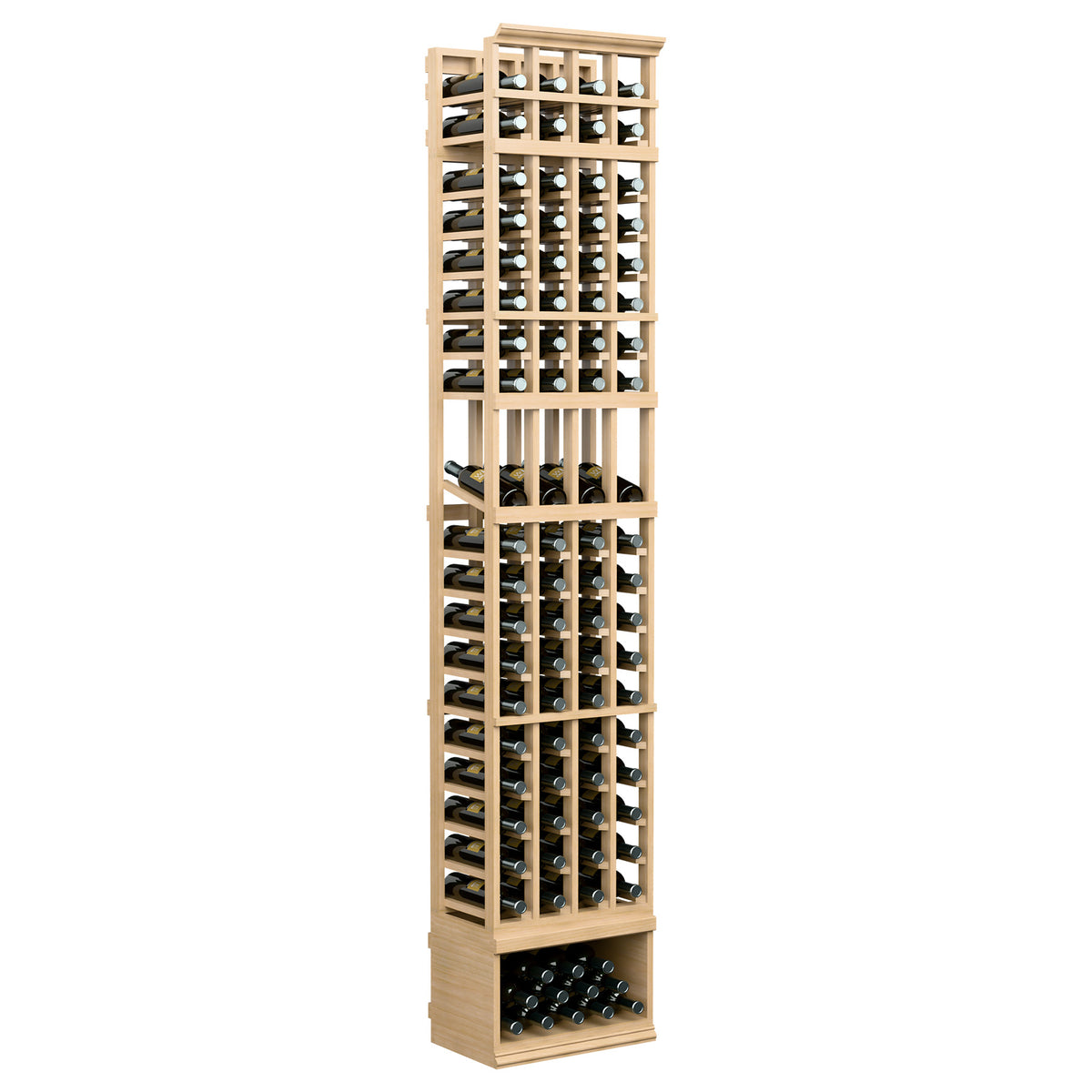 4-column wine bottle display rack with pale wood frame and bottle storage rows