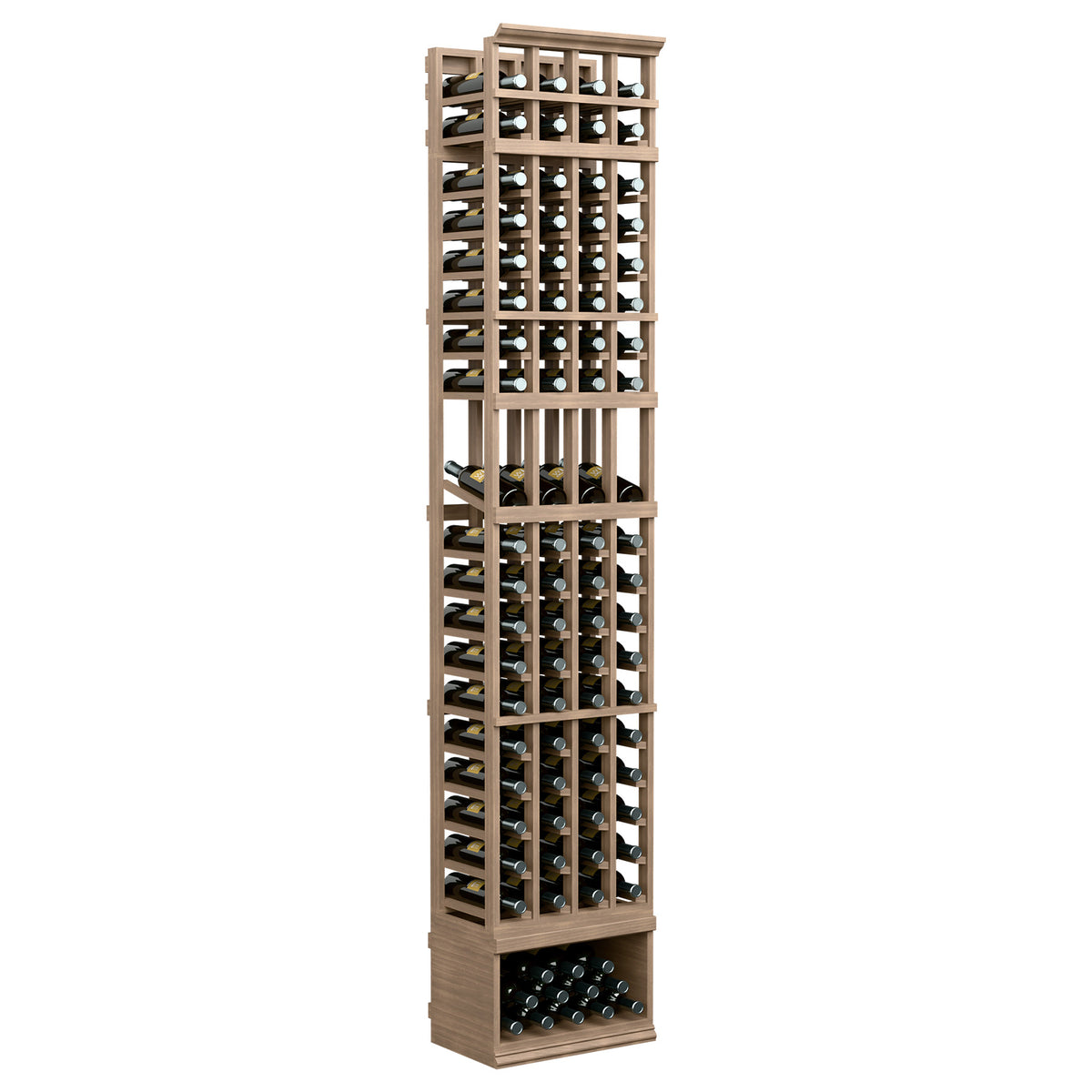 4-column wine bottle display rack with light wood frame and open bottle cubbies