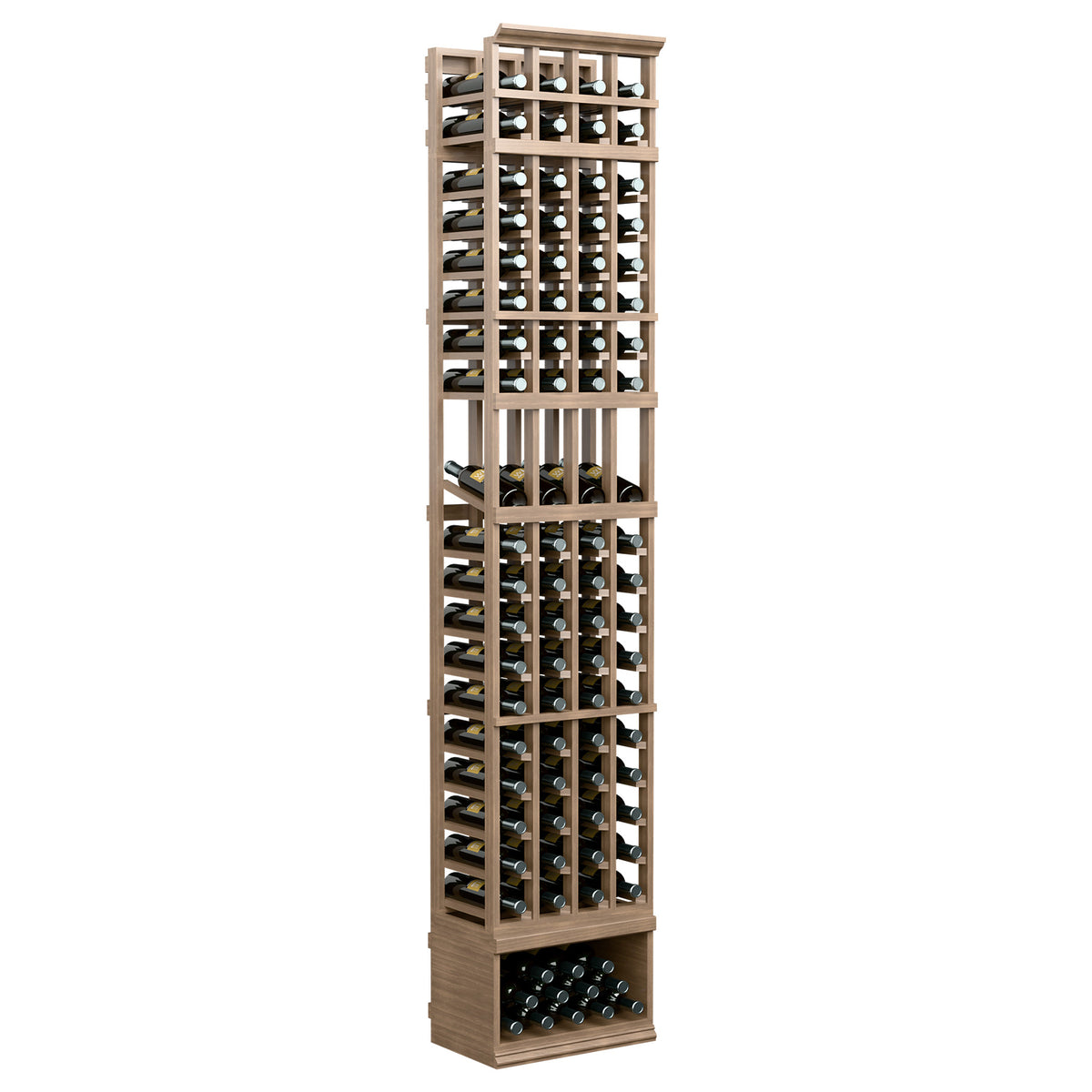 4-column wine bottle display rack with light wood grid shelves and bottle slots