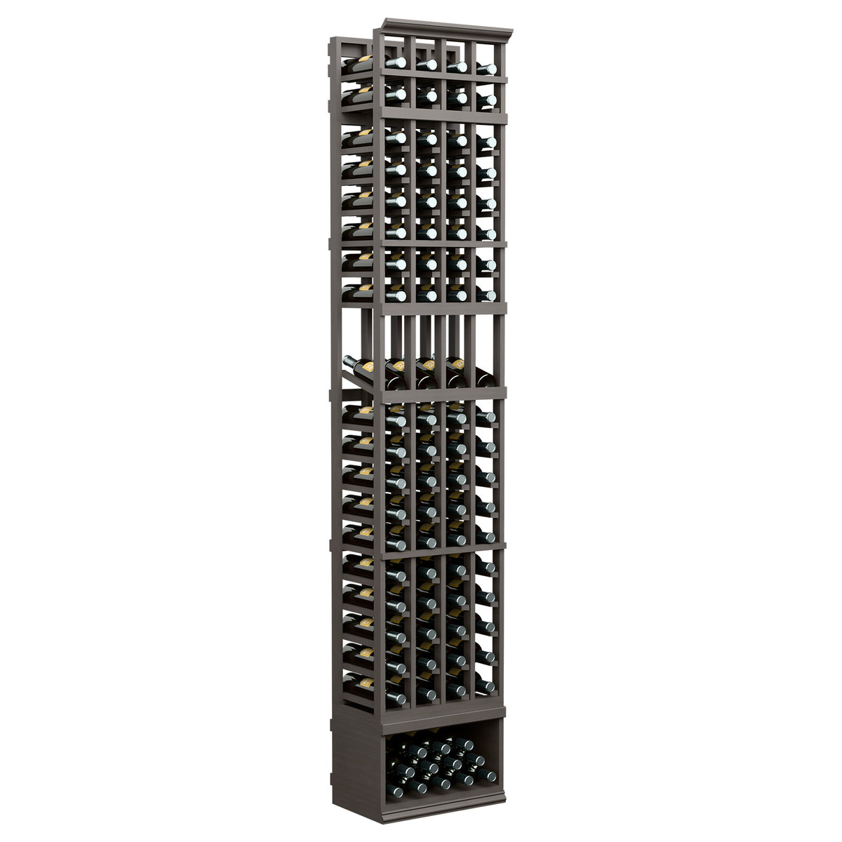 4-column wine bottle display rack with dark stained wood frame and bottle openings