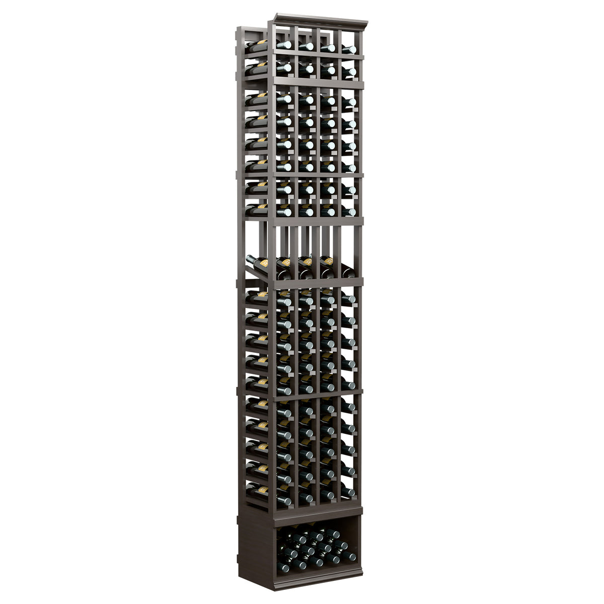 4-column wine bottle display rack with dark wood grid shelves for wine bottles