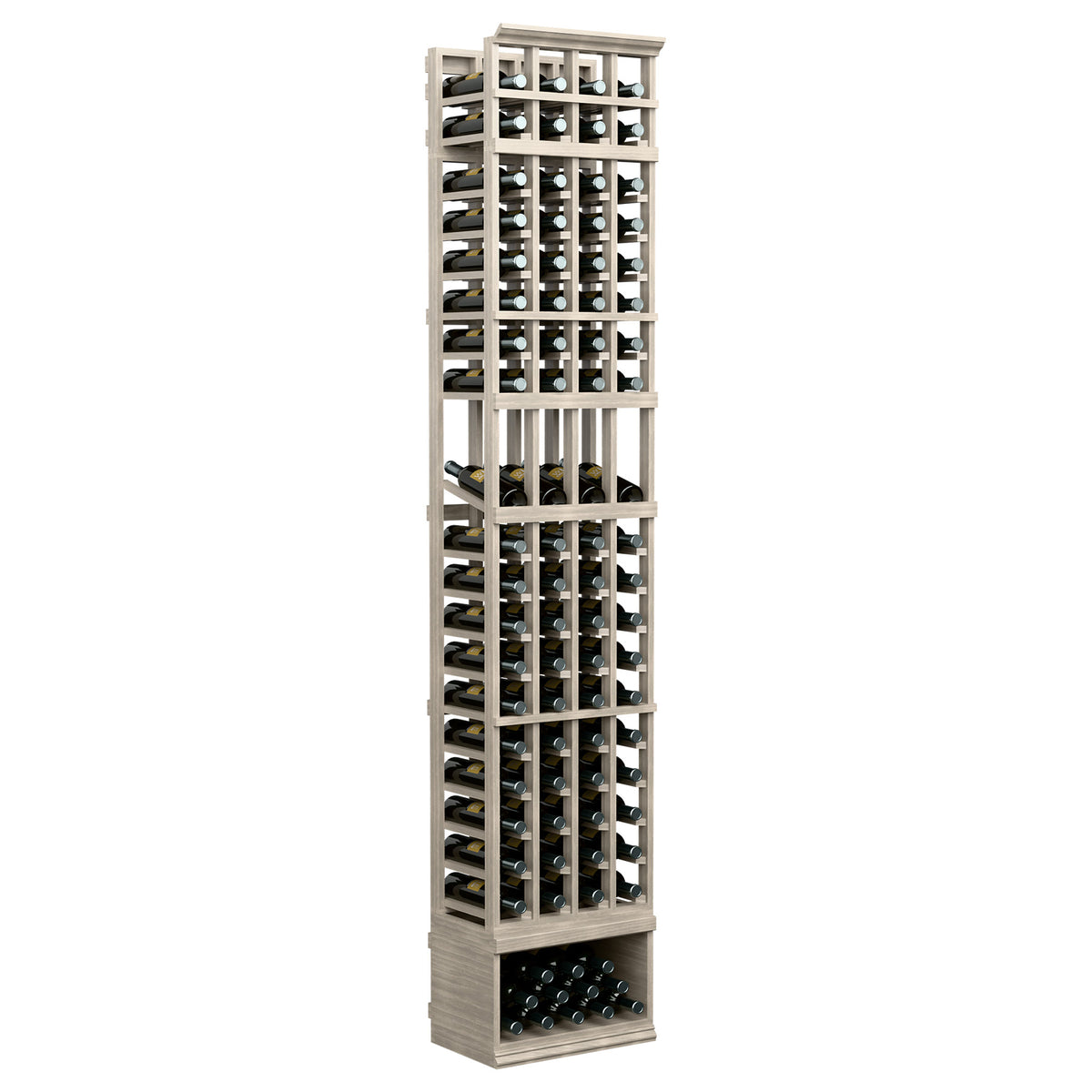 8ft 4-column wine display rack with light gray-white frame and bottle slots