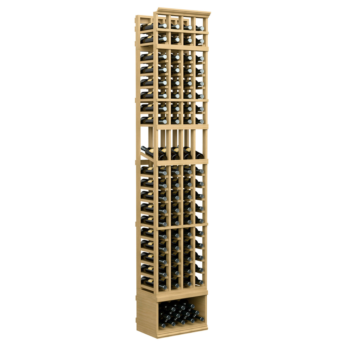 8ft 4-column wine display rack with natural wood frame and bottle storage