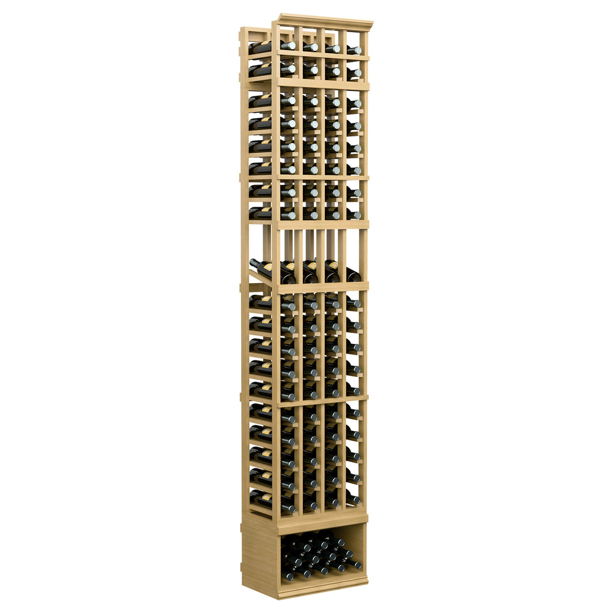 8ft 4-column wine display rack with natural wood frame and front bottle grid