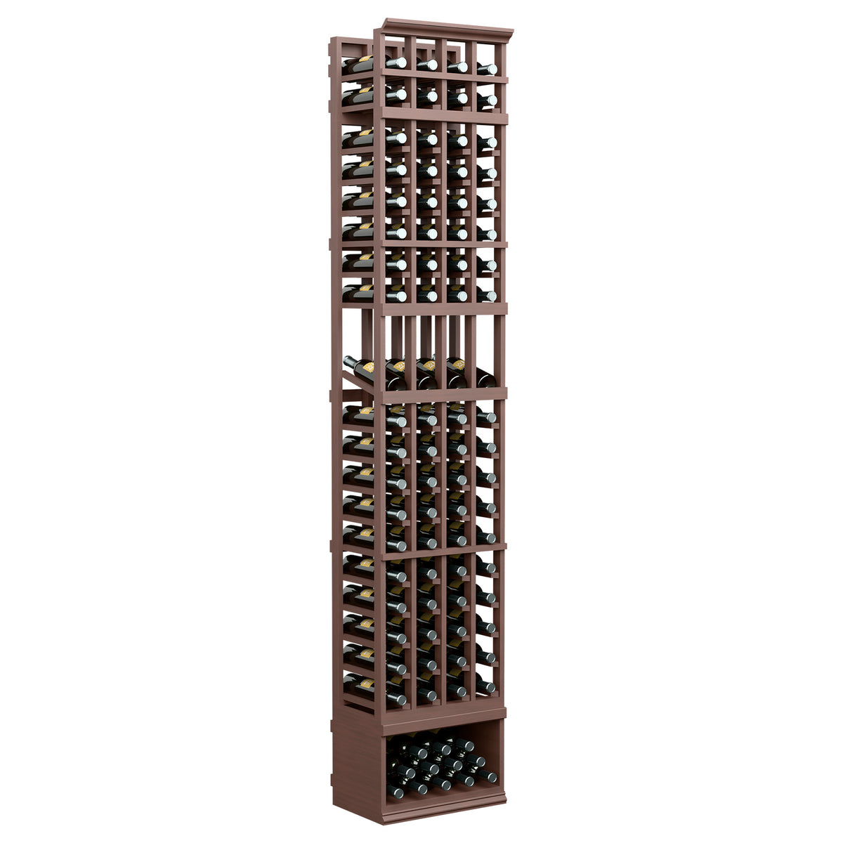 8ft 4-column wine display rack with dark brown frame and bottle storage slots