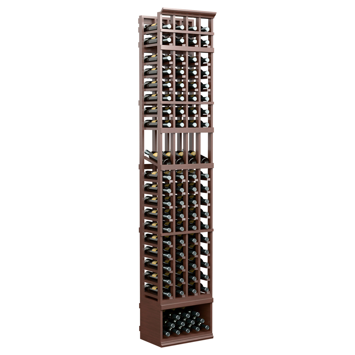 8ft 4-column wine display rack with deep brown frame and bottle grid storage