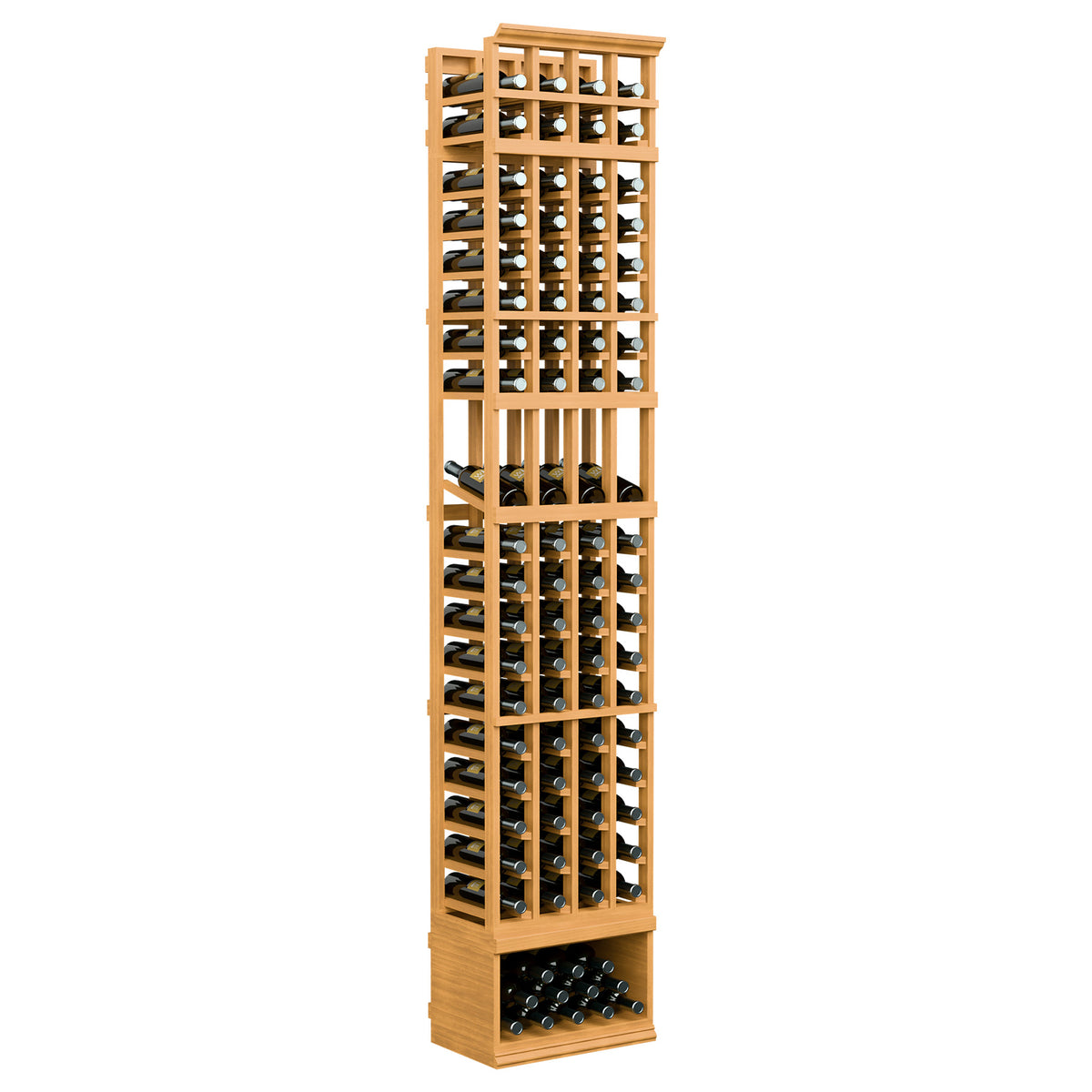 8ft 4-column wine display rack with light tan frame and bottle storage