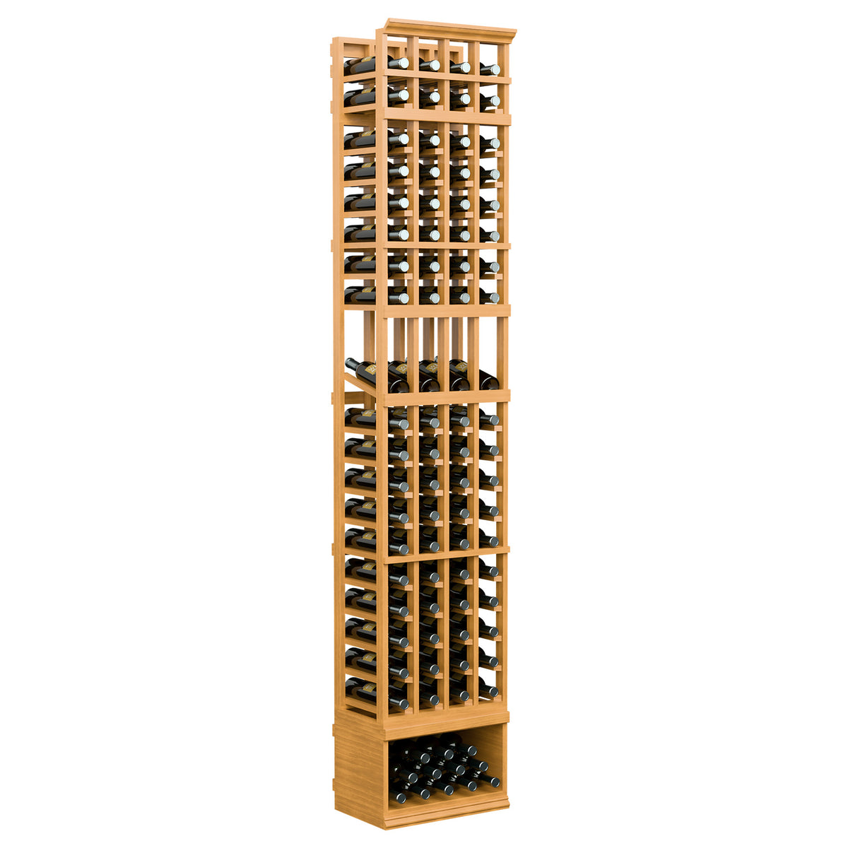 8ft 4-column wine display rack with warm tan frame and bottle slots