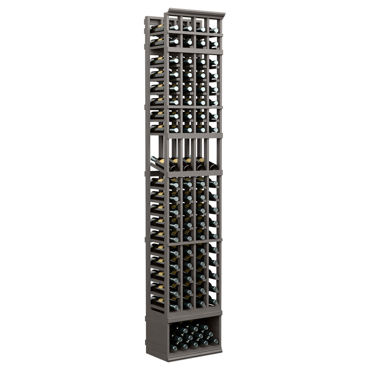 8ft 4-column wine bottle display rack, dark wood frame with glass bottle holders