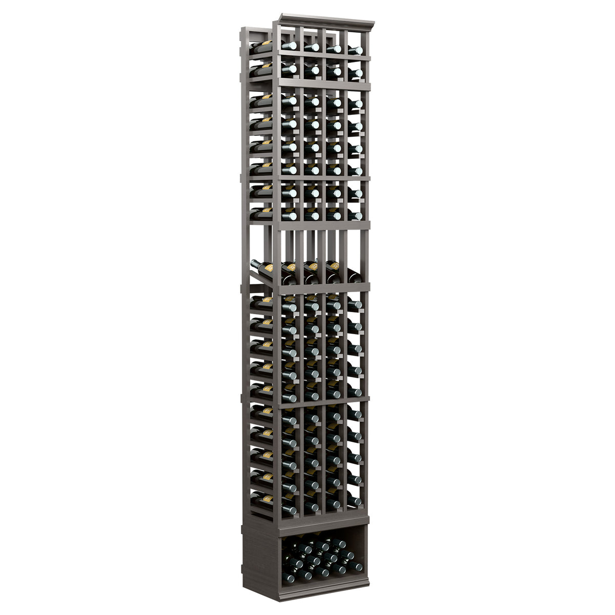 8ft 4-column wine bottle display rack, dark stained wood frame with bottle slots