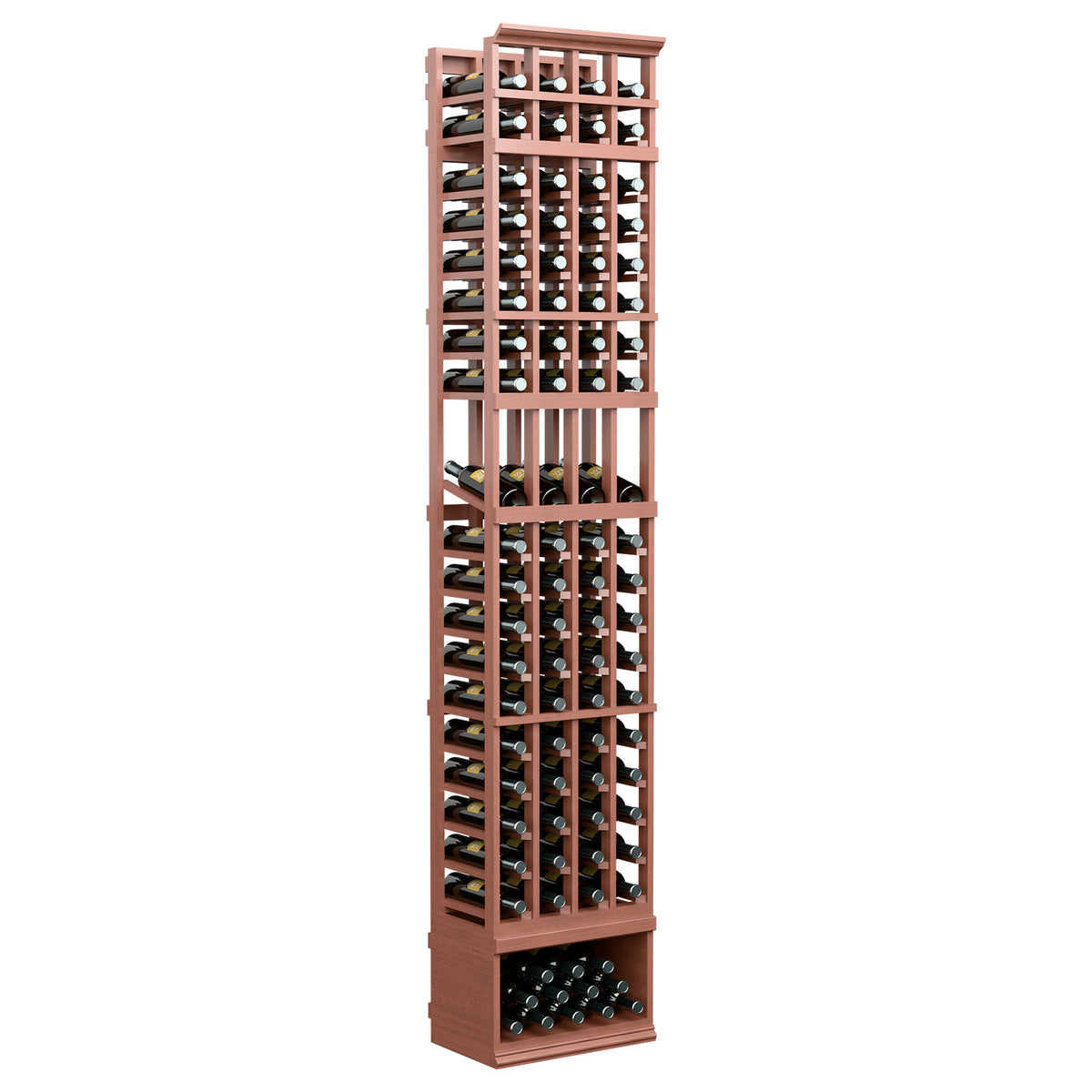 8ft 4-column wine bottle display rack, reddish wood frame with bottle slots and base row