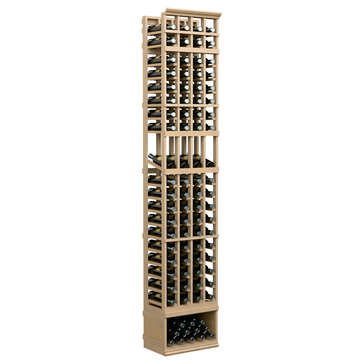 8ft 4-column wine bottle display rack, light wood frame with glass bottle holders