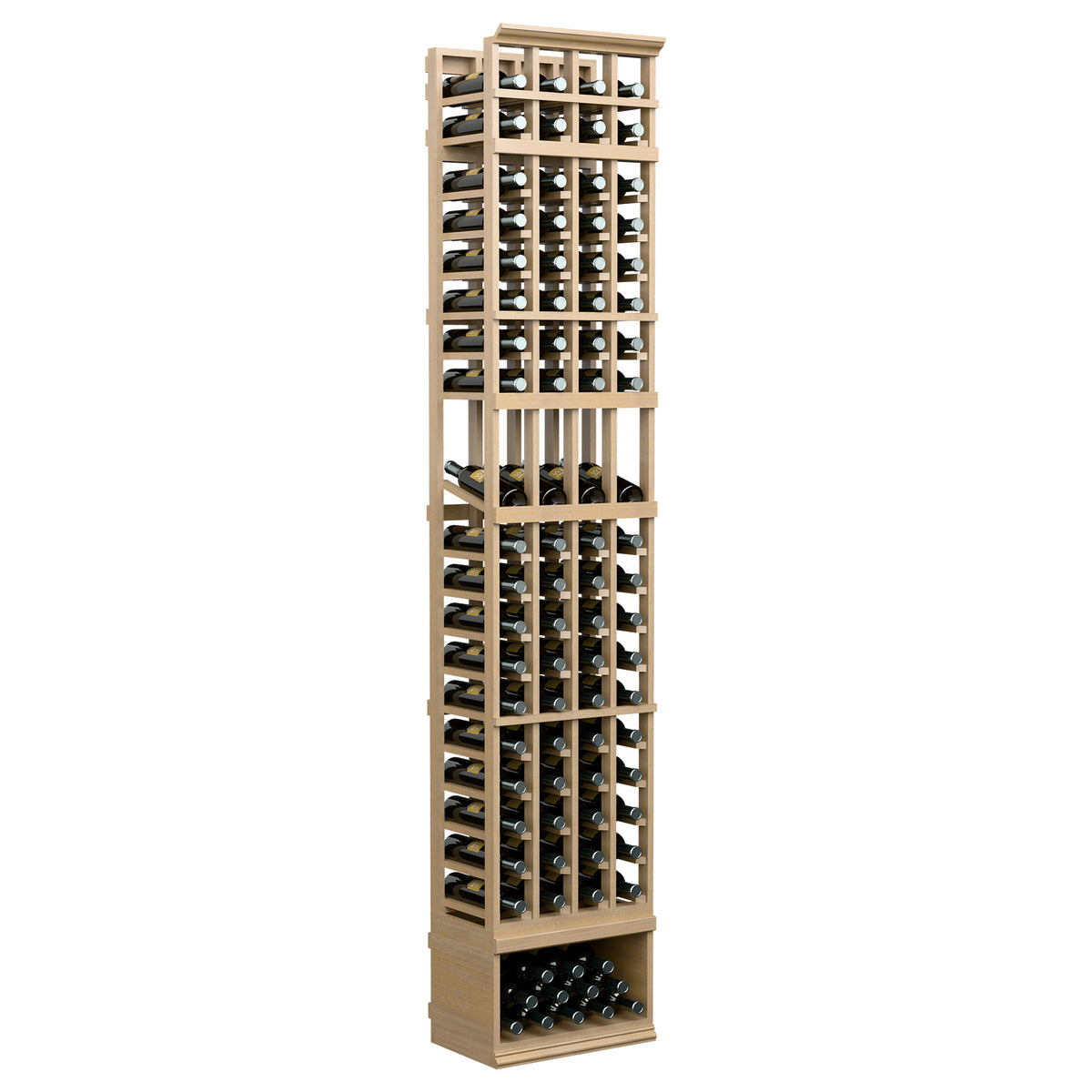 8ft 4-column wine bottle display rack, light stained wood frame with bottle slots