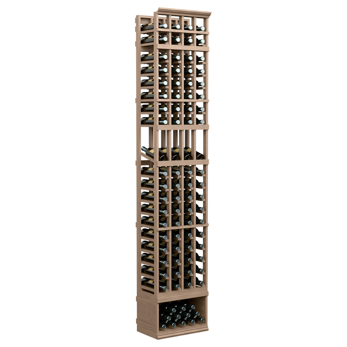 8ft 4-column wine bottle display rack, pale wood frame with glass bottle holders and base row
