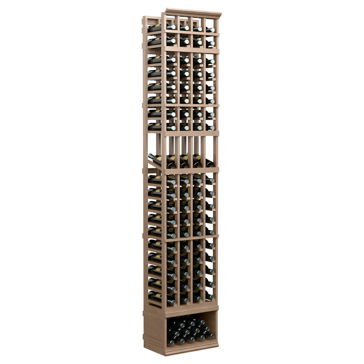 8ft 4-column wine bottle display rack, light wood frame with bottle slots