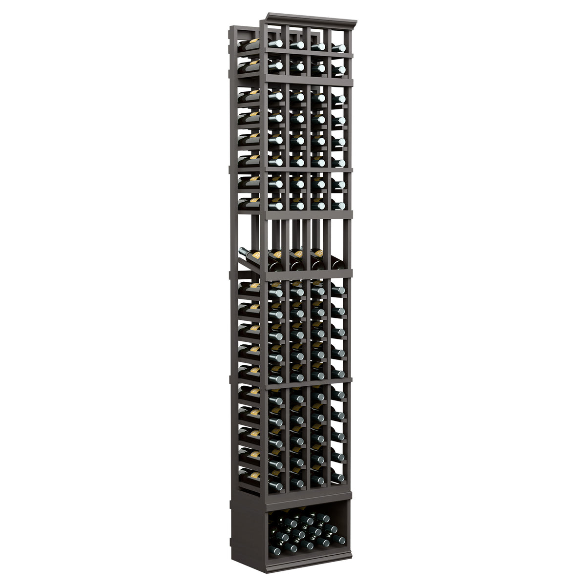8ft 4-column wine bottle display rack, dark wood frame with glass bottle holders