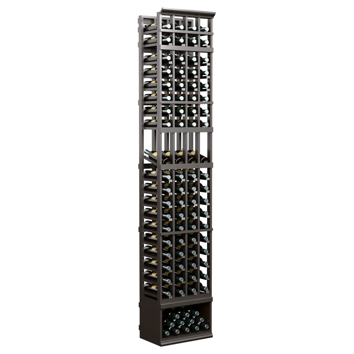 8ft 4-column wine bottle display rack, dark stained wood frame with bottle slots and base row
