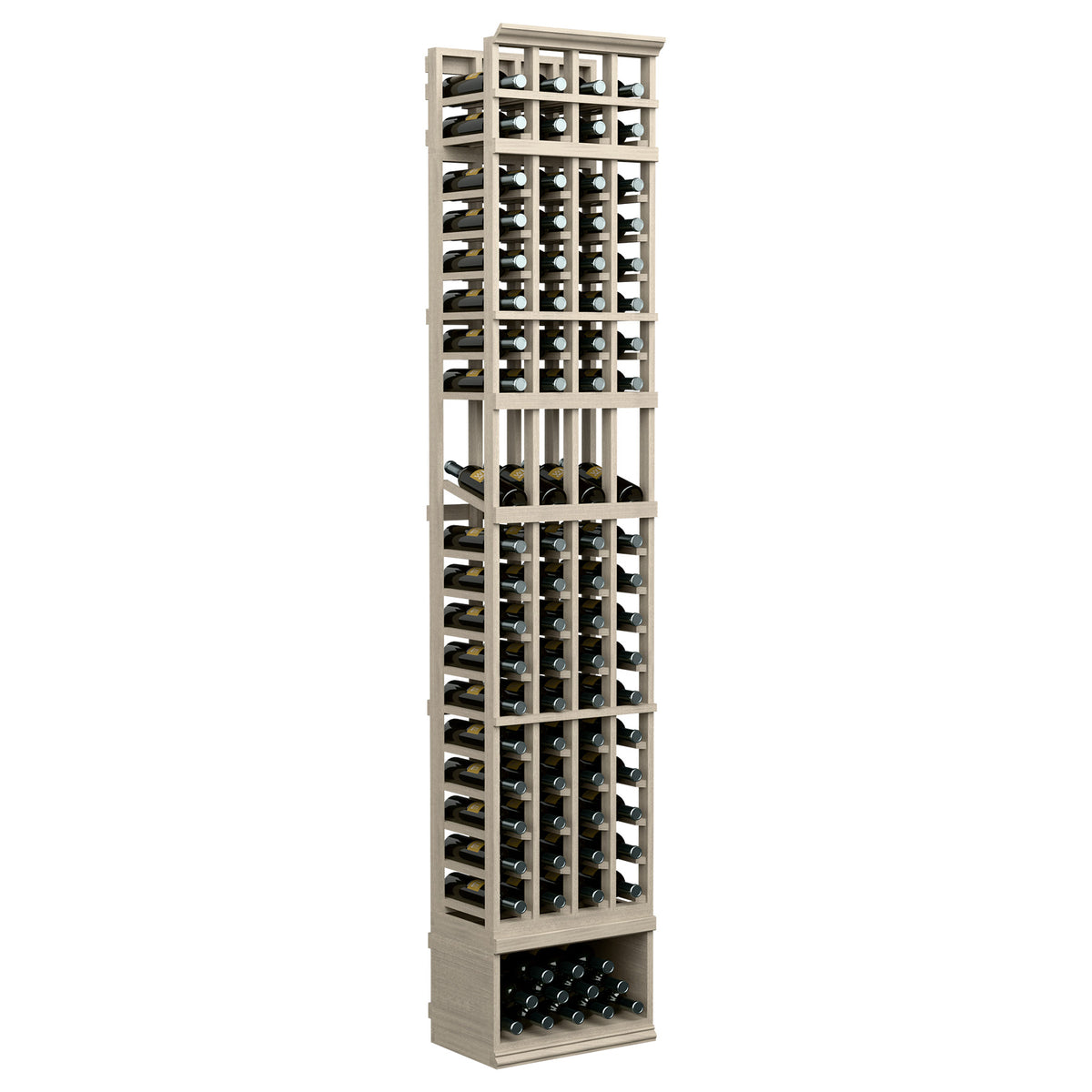 8ft 4-column wine display rack, gray wood with open bottle slots and front base tray