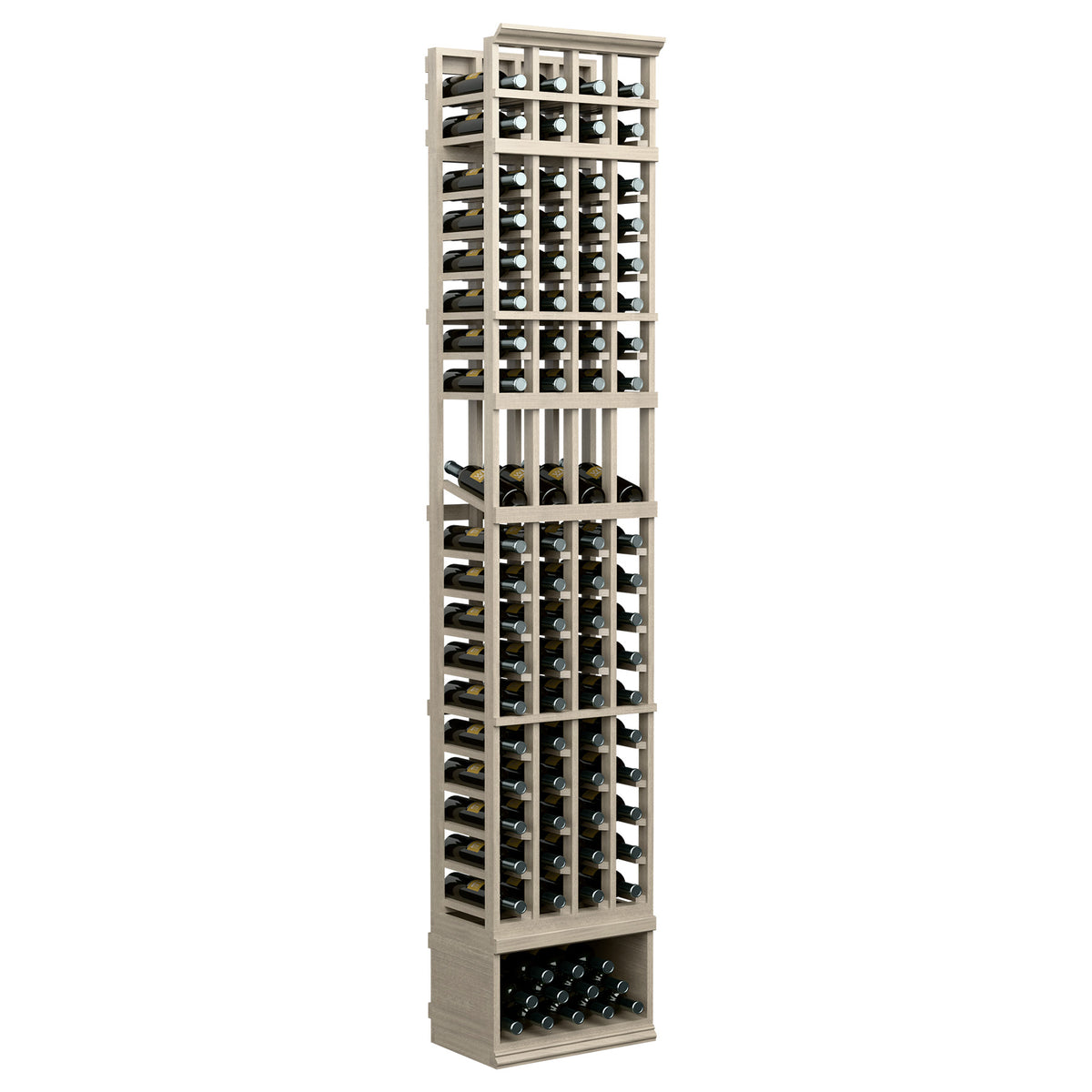 8ft 4-column wine display rack, gray wood with open bottle slots and front base tray