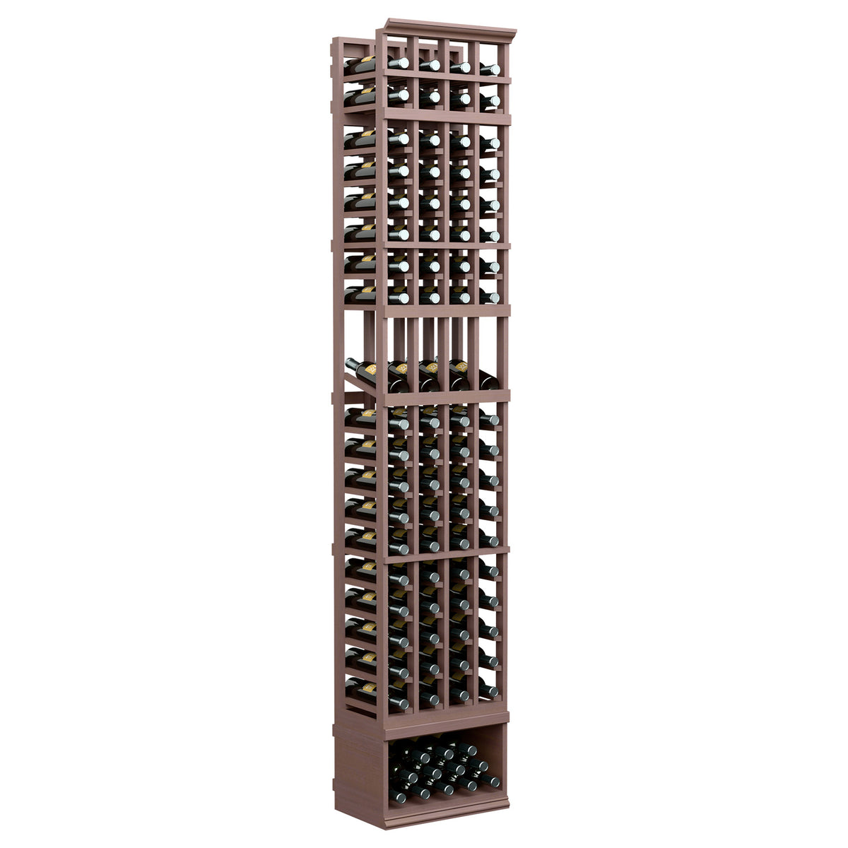 8ft 4-column wine display rack, dark wood with open bottle slots and front base tray